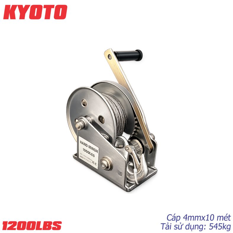 Tời quay tay mini Inox 304 tự hãm 1200LBS, 10 mét cáp.