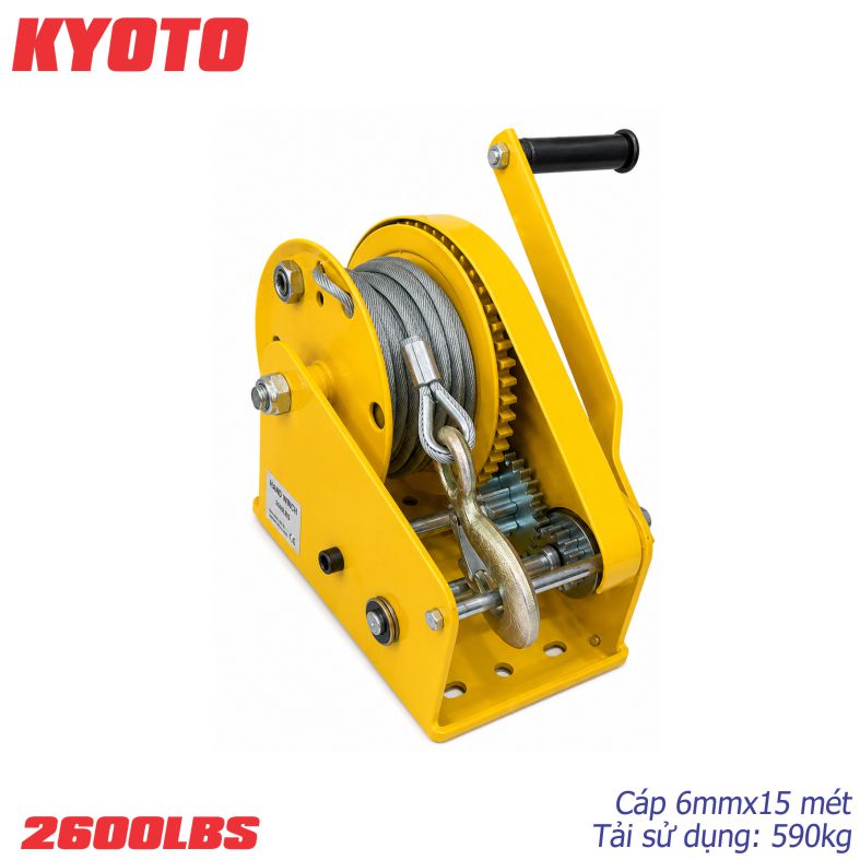 Tời quay tay mini Kyoto tự hãm 2600LBS, 15 mét cáp