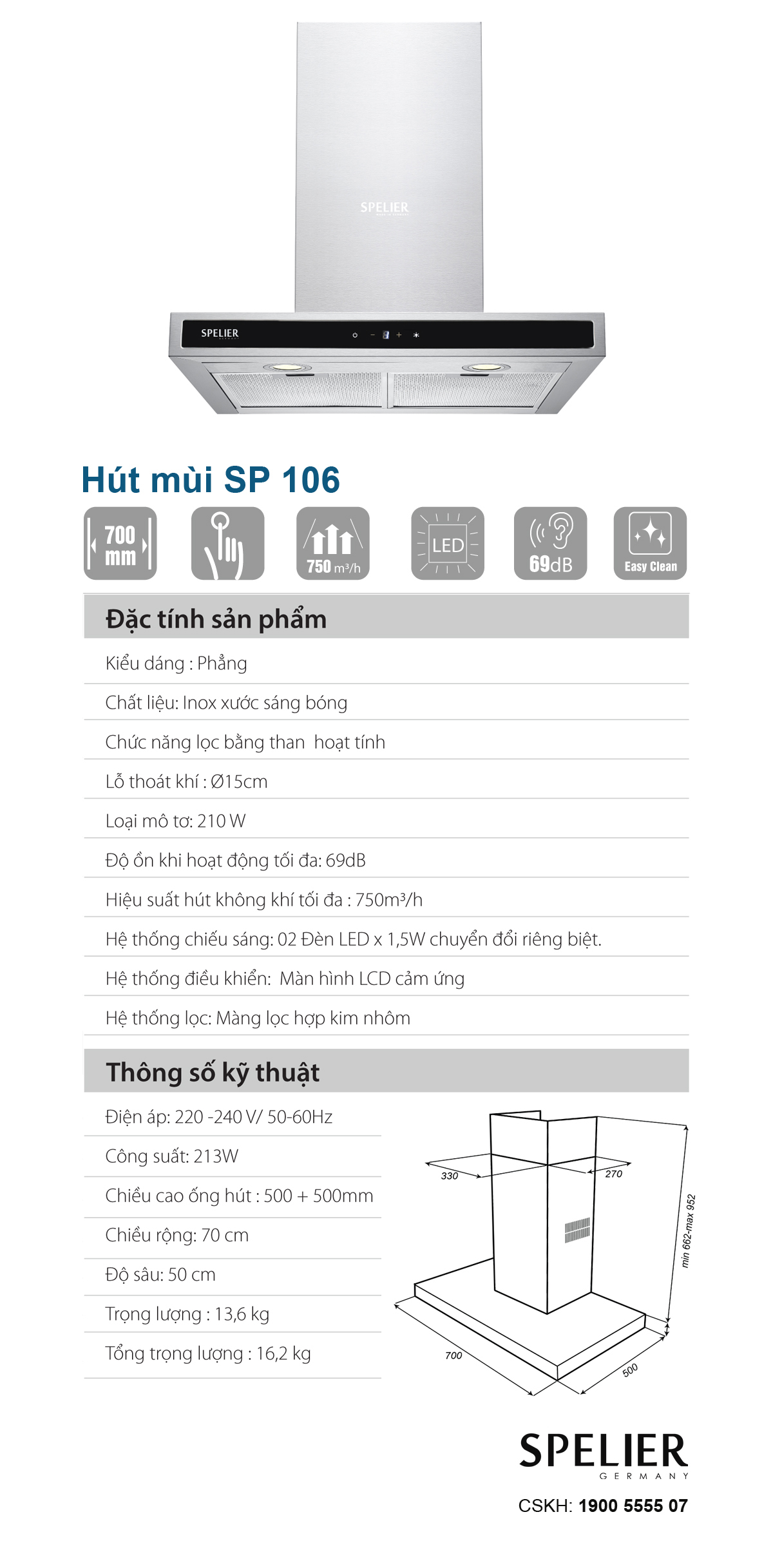 sp106 8ad36c0b d93c 4529 b635 b9a9272ea38f - Máy hút mùi Spelier SP-106 / Tặng chảo + ống giảm ồn !