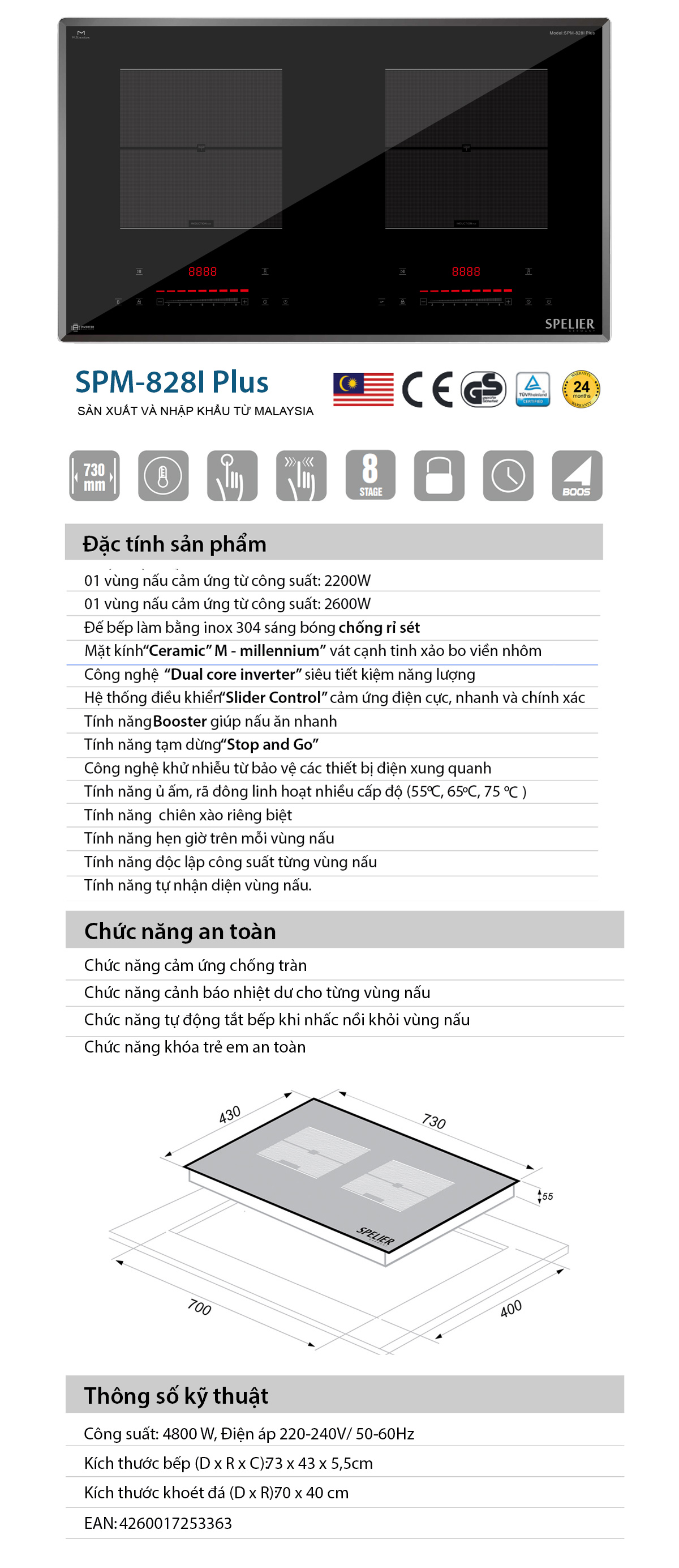 spm 828i copy 16d1d94a a5b8 4183 a6c1 ec195dec6b09 - Bếp từ Spelier SPM-828i Plus