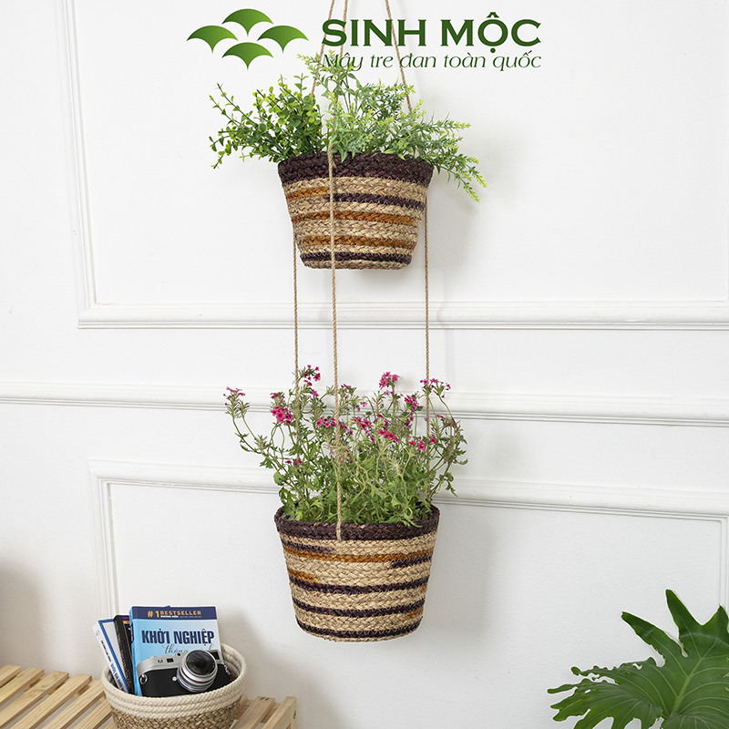 Chậu trồng cây hai tầng, giỏ hoa treo tường, giỏ cói decor, chậu cây trang trí Sinh Mộc - M1014 Chậu trồng cây hai tầng, giỏ hoa treo tường, giỏ cói decor, chậu cây trang trí Sinh Mộc - M1014