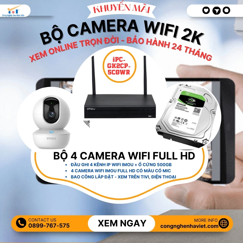 Bộ 4 Camera IMOU Wifi 5MP IPC-GK2CP-5C0WR miễn phí công lắp đặt  Bộ 4 Camera IMOU Wifi IPC-GK2CP-5C0WR dùng đầu ghi hình imou 4 kênh & 4 Camera IPC-GK2CP-5C0WR xem trực tiếp trên Tivi, Máy tính, Điện thoại thông minh. Bộ Camera được bao công lắp đặt. Bảo hành 24 tháng chính hãng.