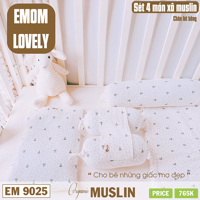 Sét 4 món xô muslin EMOM LOVELY (chăn 4 lớp lót bông)