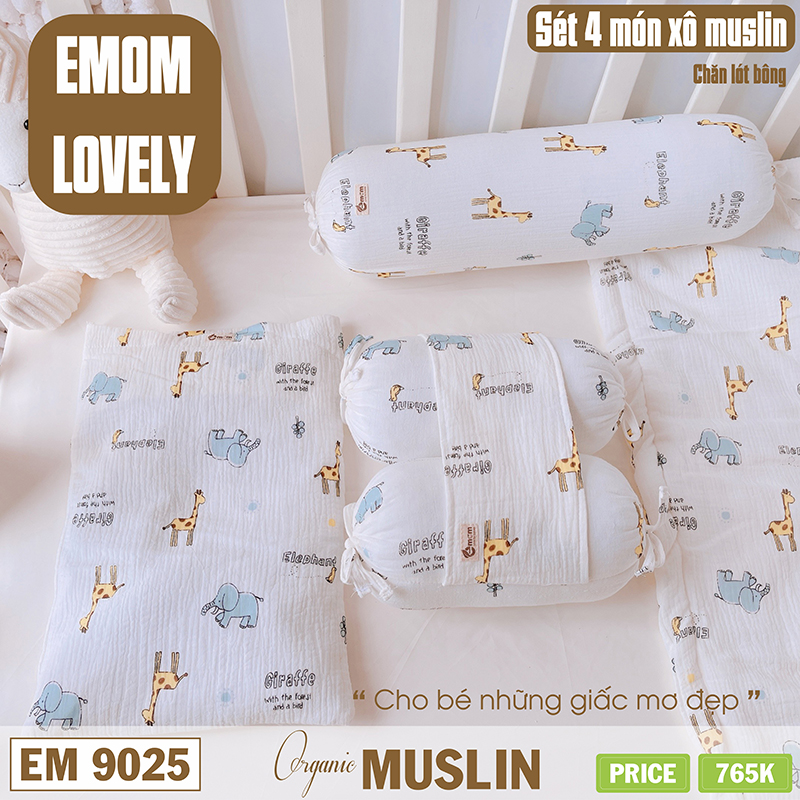 Sét 4 món xô muslin EMOM LOVELY (chăn 4 lớp lót bông)