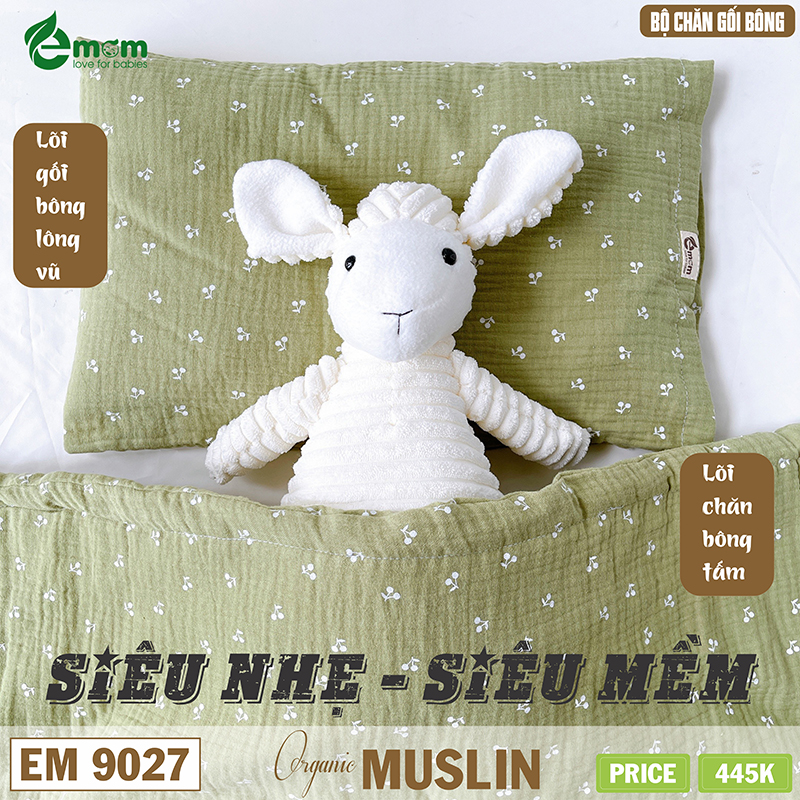 Sét chăn gối xô muslin EMOM LOVELY (chăn 4 lớp lót bông)