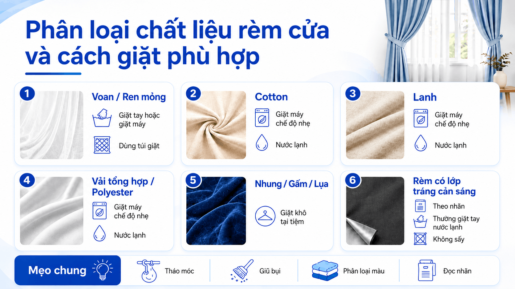 Bảng phân loại chất liệu rèm cửa và cách giặt phù hợp