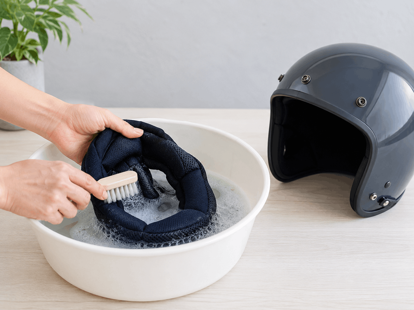 Cách giặt nón bảo hiểm vải bằng tay — dùng bàn chải mềm