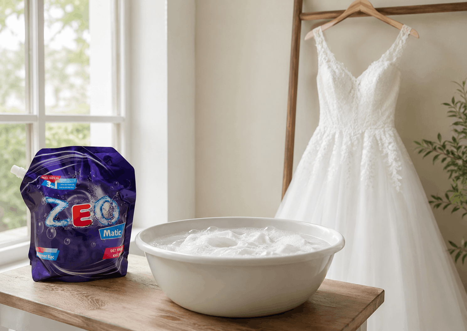 nước giặt ZEO dùng cho áo cưới satin