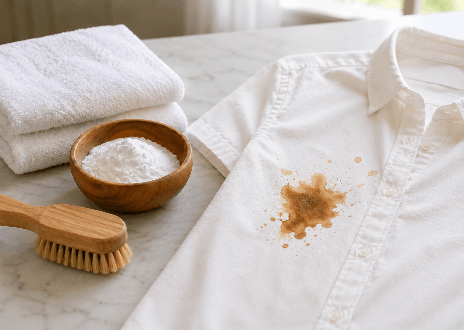 Dụng cụ tẩy vết bẩn quần áo tại nhà với baking soda và bàn chải mềm
