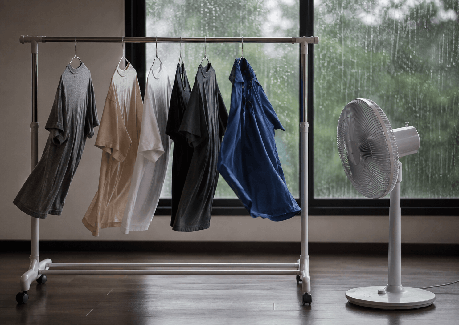 Giặt đồ nhanh khô mùa mưa với quạt và dây phơi trong nhà