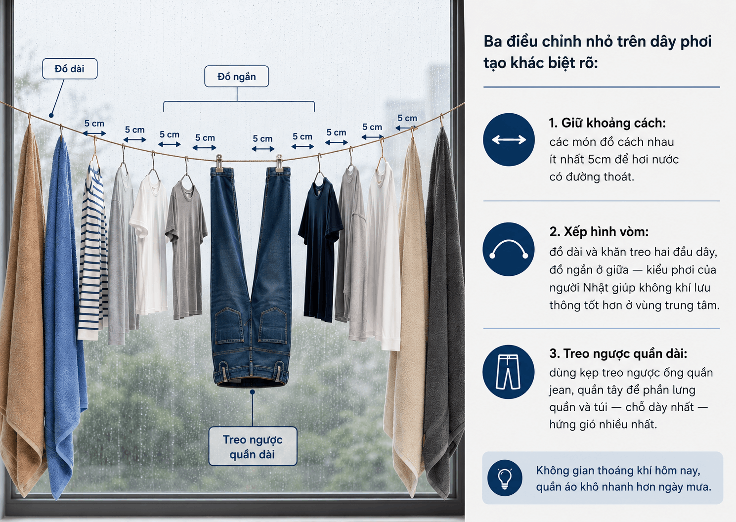 Cách phơi quần áo hình vòm cách nhau 5cm cho mùa mưa