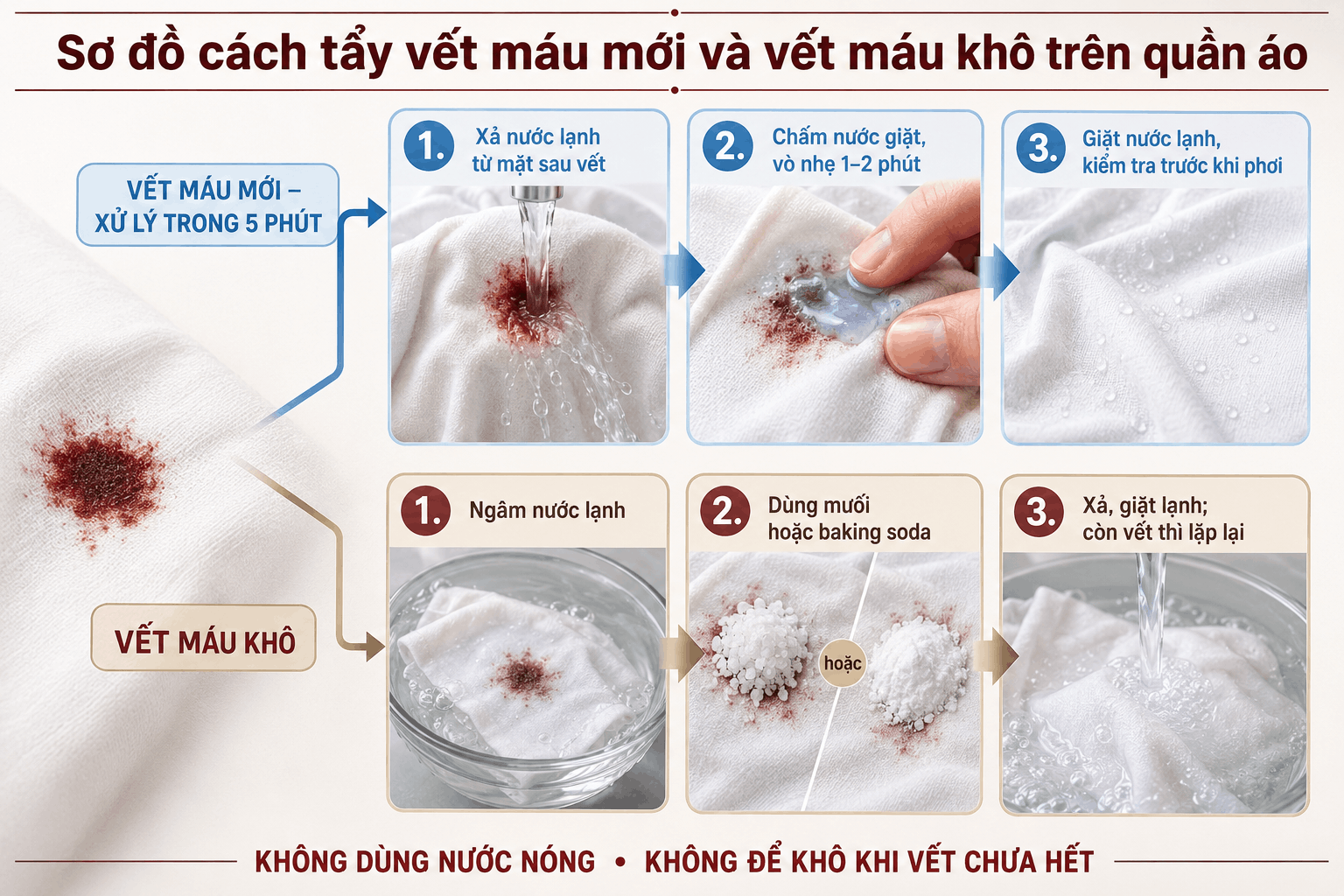 Sơ đồ cách tẩy vết máu mới và vết máu khô trên quần áo