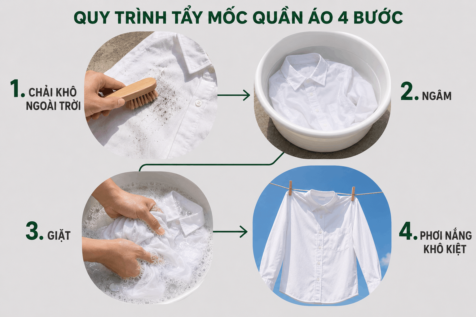 Quy trình tẩy mốc quần áo 4 bước từ chải khô đến phơi nắng