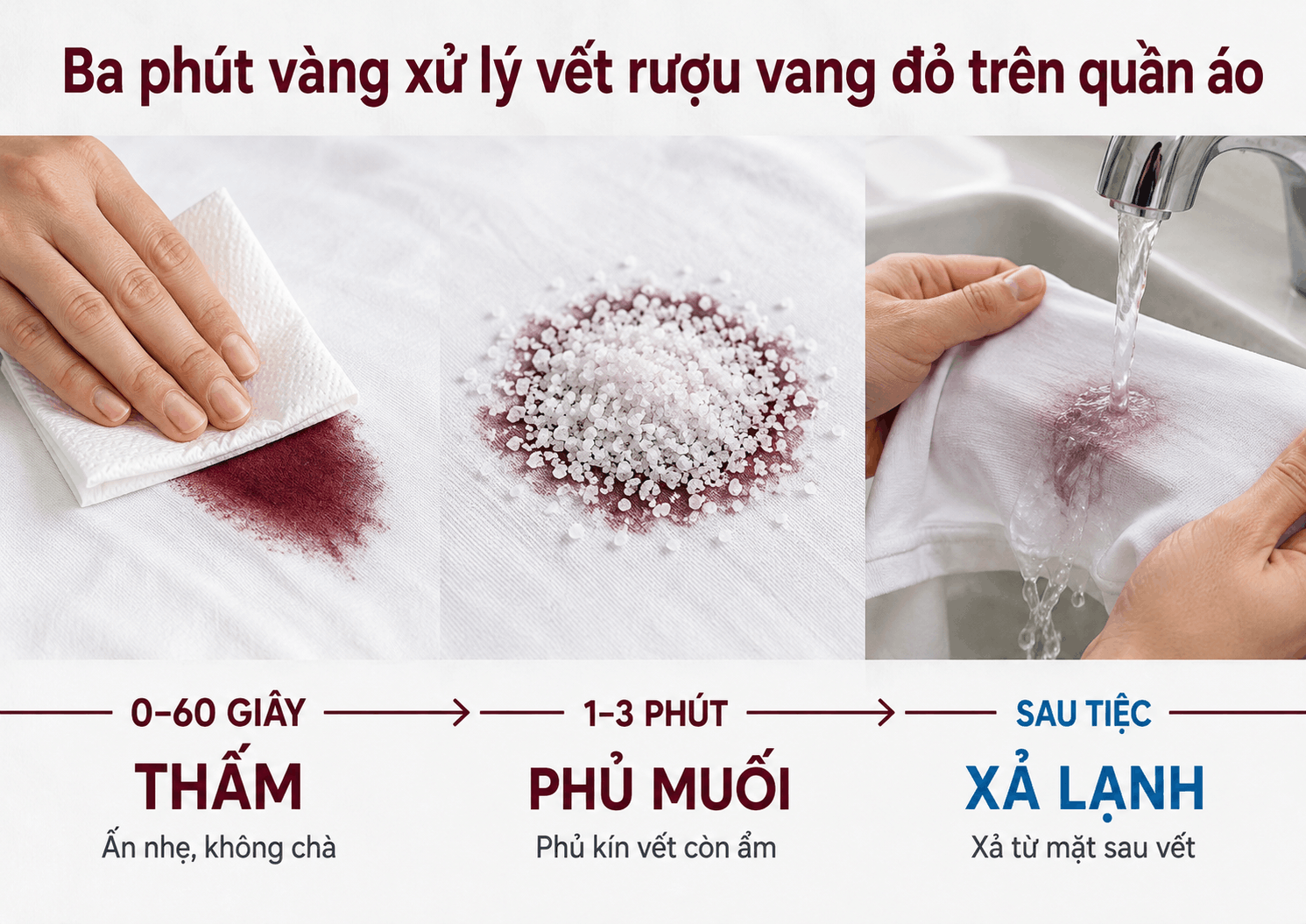Ba phút vàng xử lý vết rượu vang đỏ trên quần áo