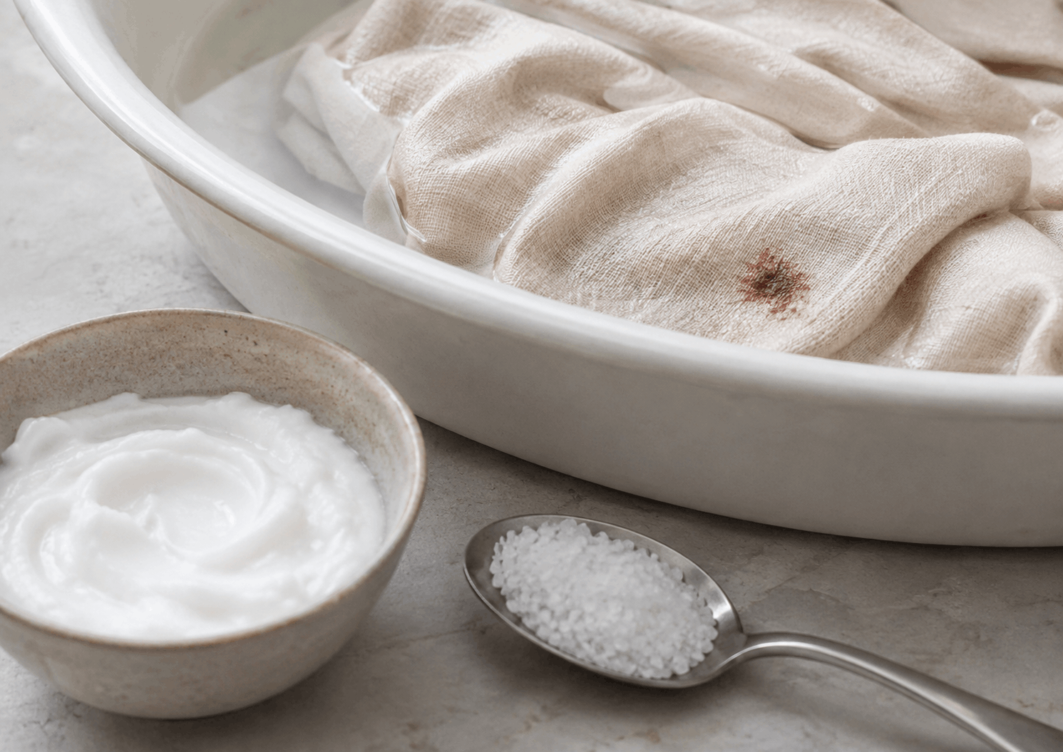Ngâm vết máu khô bằng nước muối và hồ baking soda