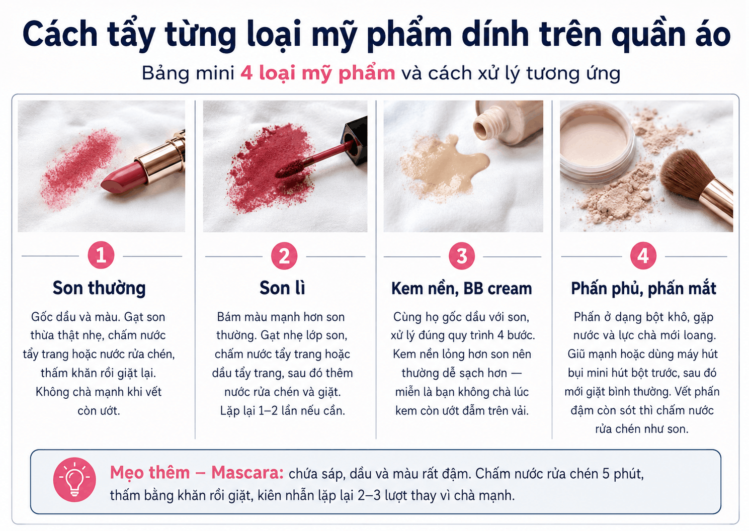 Cách tẩy từng loại mỹ phẩm dính trên quần áo