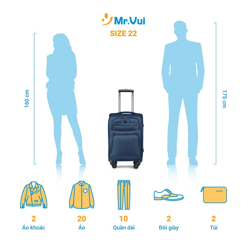 vali size 22; Vali size 22 inch; Vali 22 inch; độ cao thấp vali size 22; vali size 22 có xách tay được không; vali cabin; 