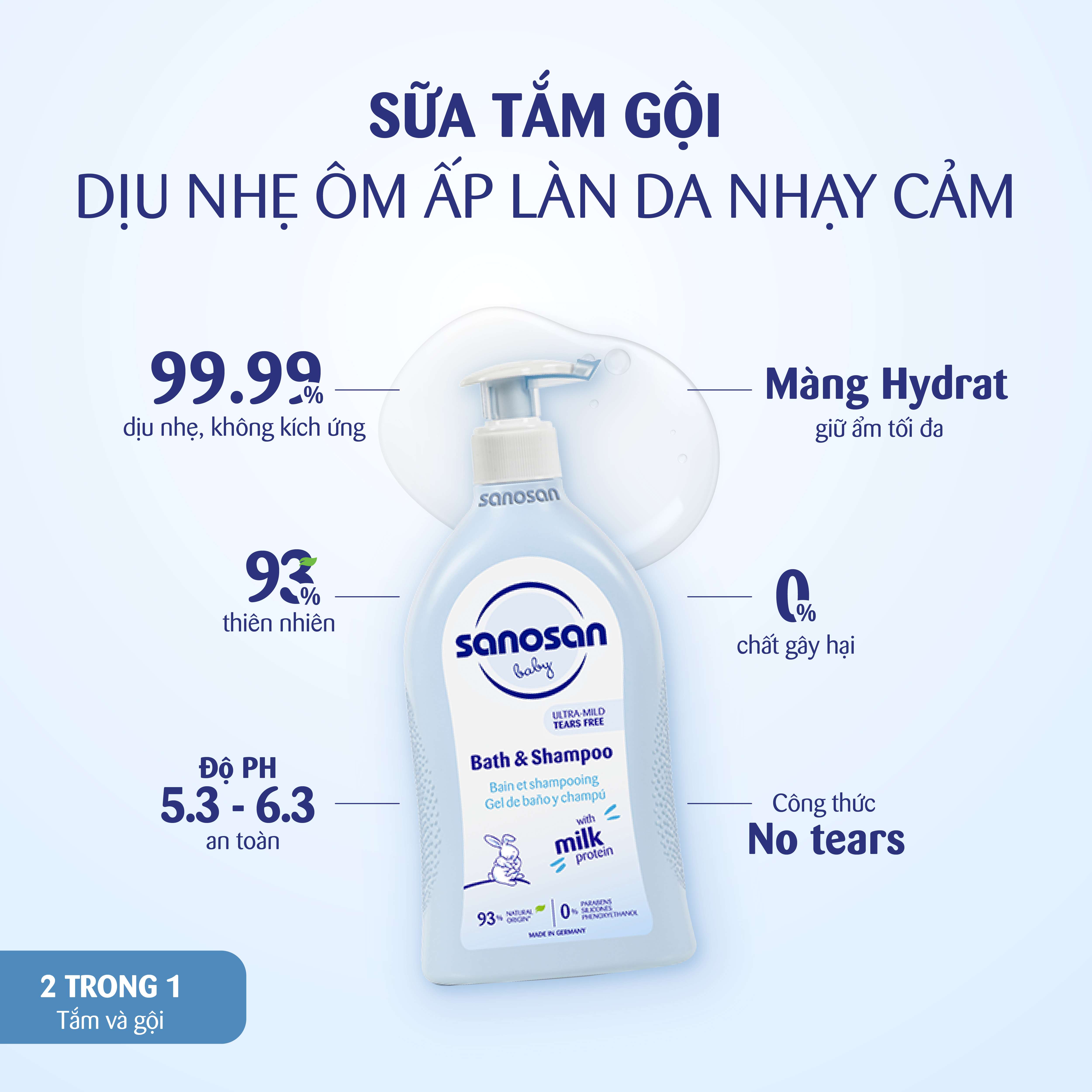 Sữa tắm gội Sanosan Baby Bath and Shampoo cho da khô và nhạy cảm 500ml