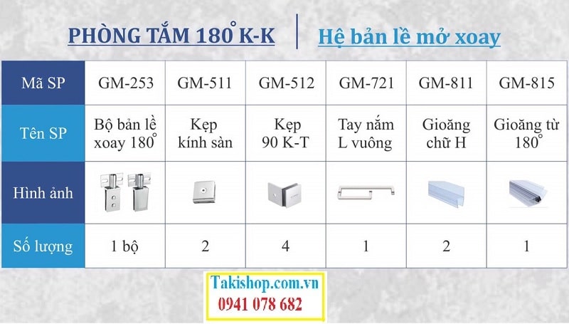 Bộ phụ kiện vách kính tắm Gymek 180 độ bản lề xoay