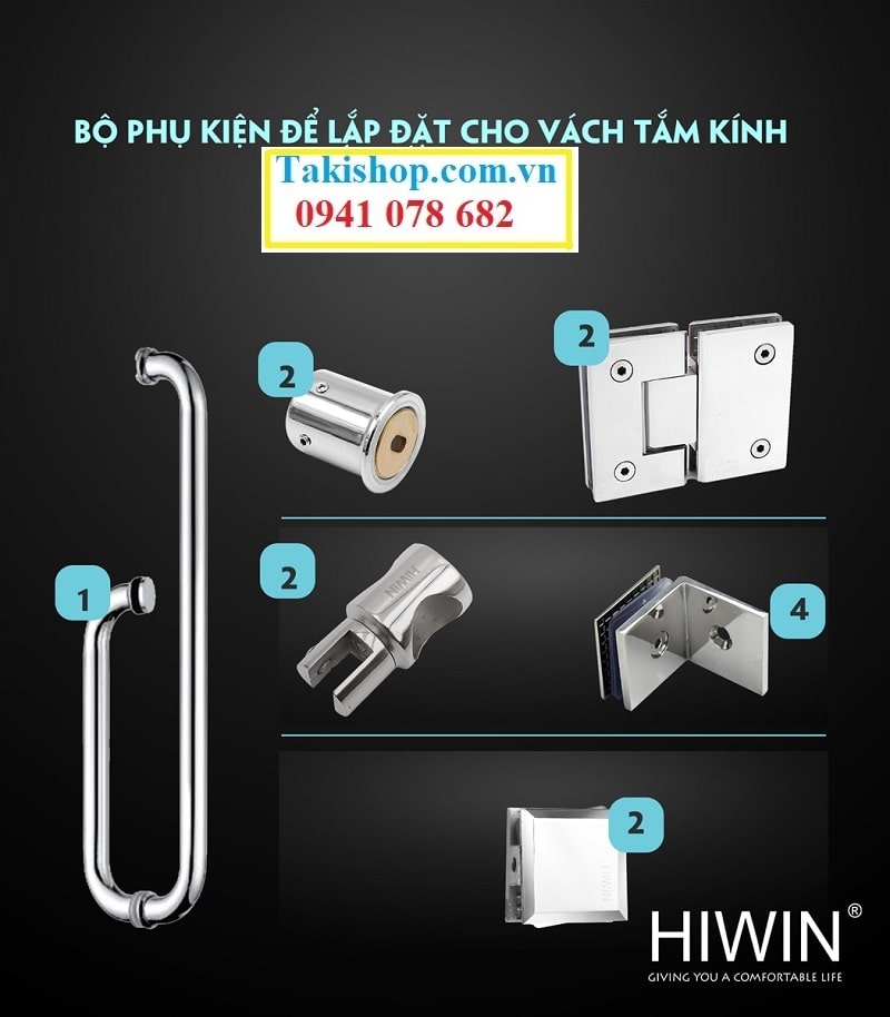 Bộ phụ kiện vách kính tắm 180 độ Hiwin chất lượng cao