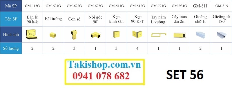 Bộ phụ kiện vách kính tắm 90 độ kính kính inox vàng gương Gymek Set 56