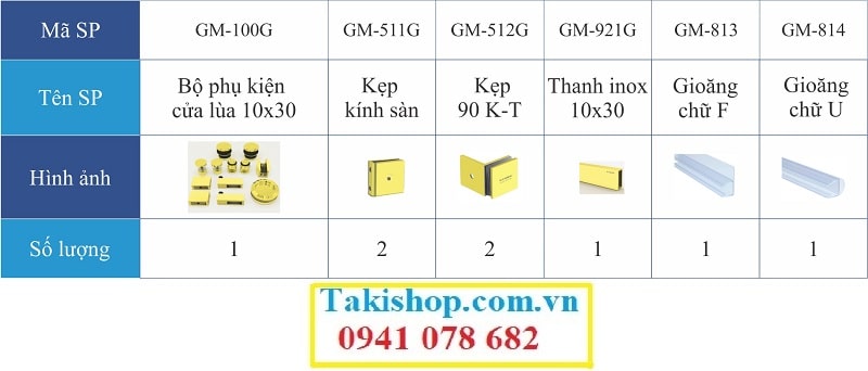 Cung cấp phụ kiện vách kính tắm cánh lùa Gymek 10x30 vàng gương mạ PVD