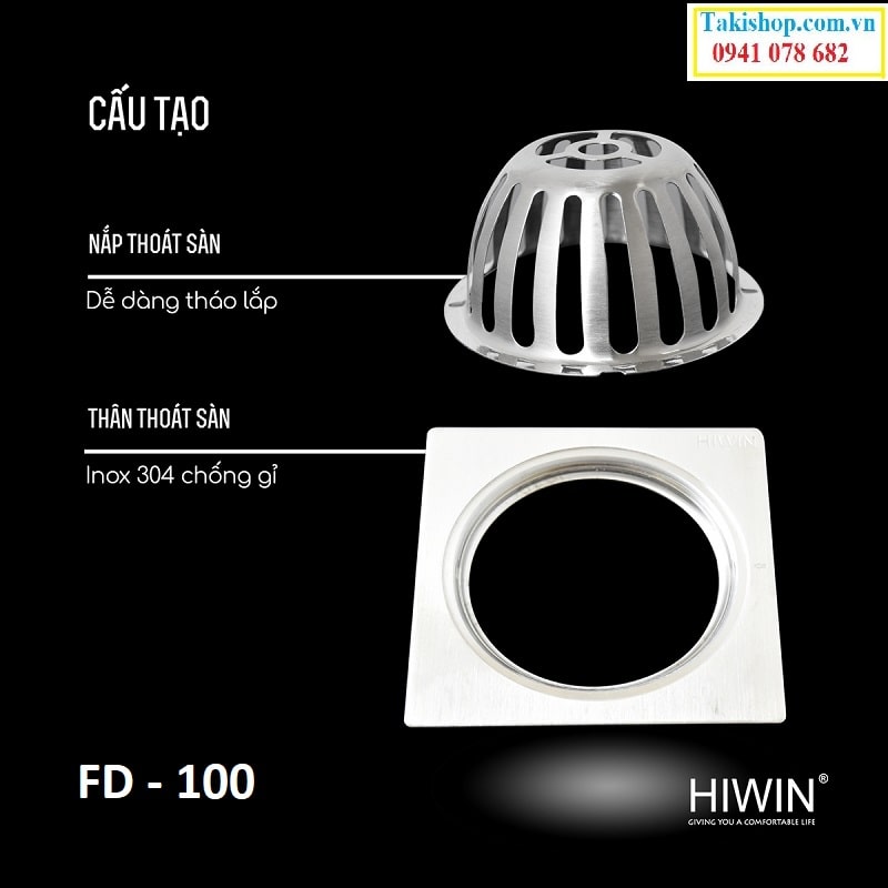 Ga thoát sàn cao cấp Hiwin FD - 100 chắn rác inox 304 ngăn mùi hôi