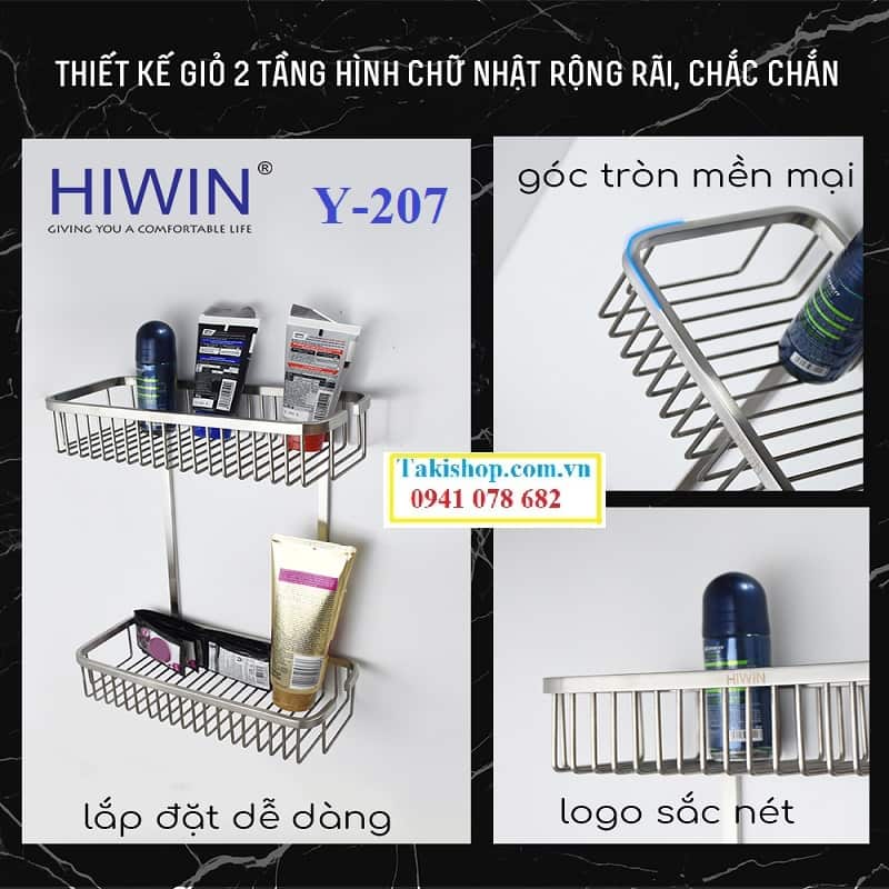 Giỏ để đồ 2 tầng hình chữ nhật inox 304 cao cấp Hiwin Y-207 bền đẹp