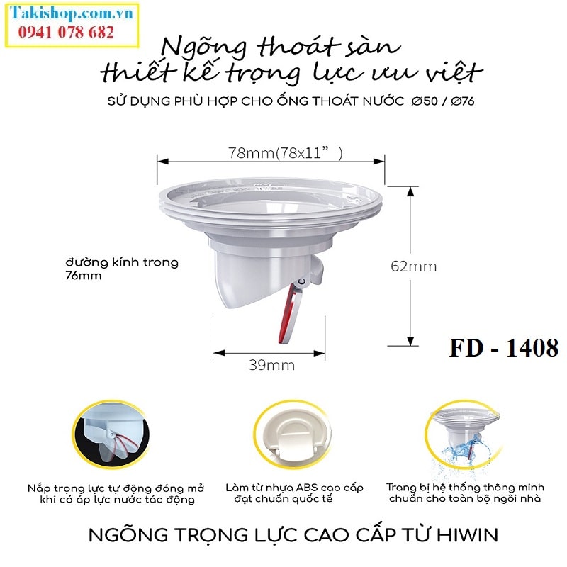 Ngõng thoát sàn ngăn mùi hôi cao cấp Hiwin FD - 1408