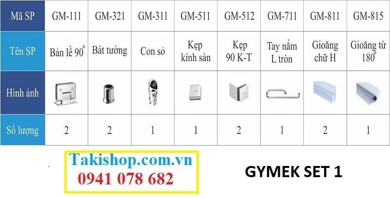 Bộ phụ kiện vách kính tắm Gymek 90 độ kính tường, giằng inox tròn D25