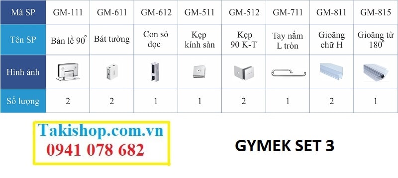 Bộ phụ kiện vách kính tắm Gymek 90 độ kính tường, giằng inox 10x30 con sỏ ngang