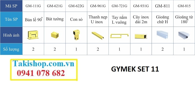 Chi tiết bộ phụ kiện Gymek 90 độ kính tường giằng vuông có nẹp U inox mạ PVD vàng