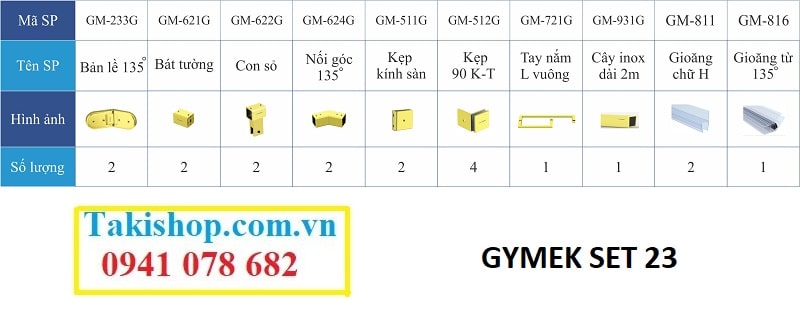 Bộ phụ kiện vách kính tắm Gymek 135 độ Bản lề dài thanh giằng inox vuông 25x25 mạ PVD vàng