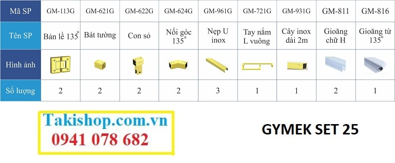 Bộ phụ kiện vách kính tắm Gymek 135 độ  có U inox mạ PVD vàng