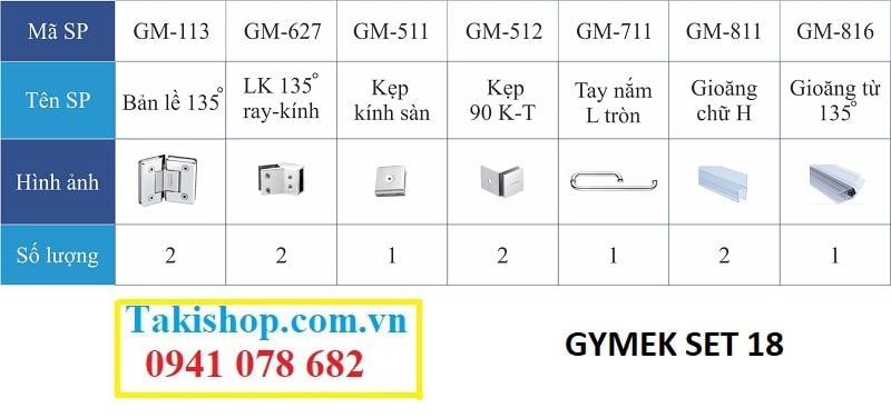 Bộ phụ kiện vách kính tắm Gymek 135 độ giằng 2 Fix bằng thanh inox 10x30