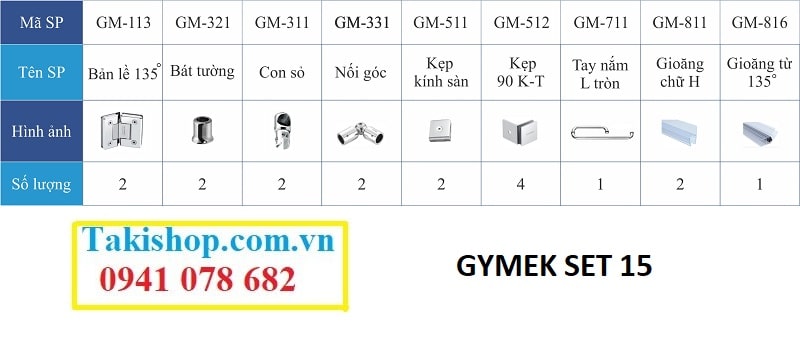 Bộ phụ kiện vách kính tắm Gymek 135 độ giằng inox tròn D25