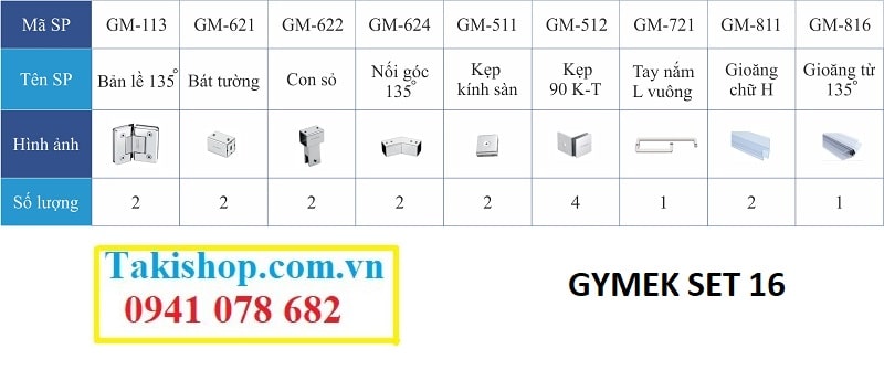 Bộ phụ kiện vách kính tắm Gymek 135 độ giằng inox vuông 25x25