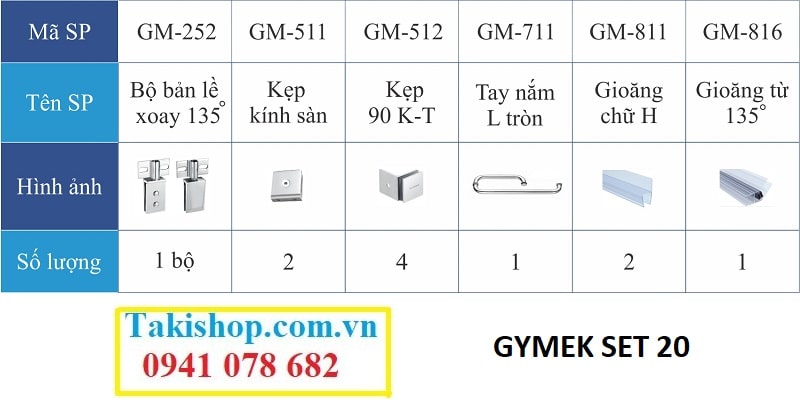 Bộ phụ kiện vách kính tắm Gymek 135 độ bản lề mở xoay