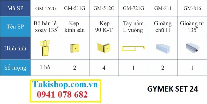 Bộ phụ kiện vách kính tắm Gymek 135 độ  Bản lề mở xoay mạ PVD vàng