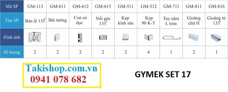 Bộ phụ kiện vách kính tắm Gymek 135 độ giằng inox 10x30 con sỏ dọc