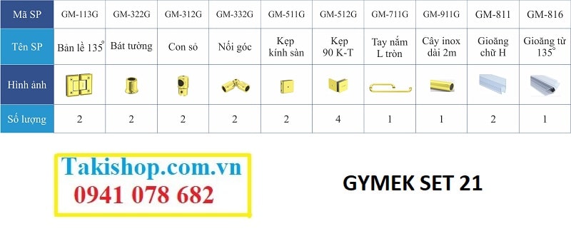 Bộ phụ kiện vách kính tắm Gymek 135 độ thanh giằng inox tròn D22 mạ PVD vàng