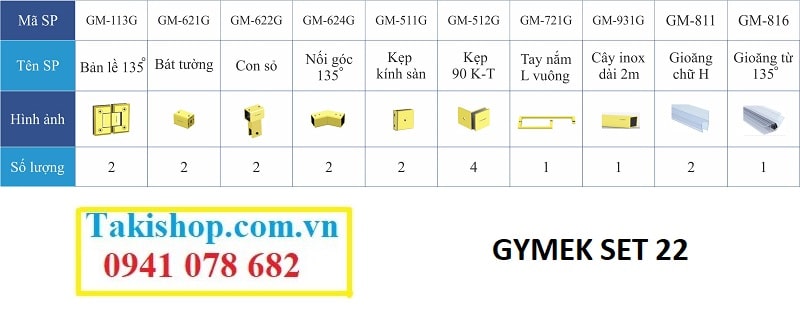 Bộ phụ kiện vách kính tắm Gymek 135 độ thanh giằng inox vuông 25x25 mạ PVD vàng