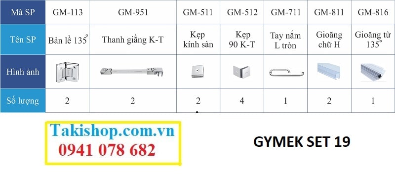 Bộ phụ kiện vách kính tắm Gymek 135 độ thanh giằng kính tường 15x15