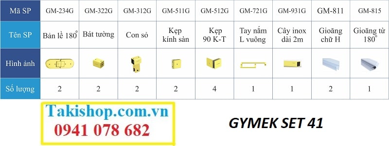 Bộ phụ kiện vách kính tắm Gymek 180 độ bản lề dài thanh giằng inox vuông 25x25 mạ PVD vàng