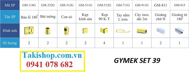 Bộ phụ kiện vách kính tắm Gymek 180 độ thanh giằng inox tròn D22 mạ PVD vàng set 3