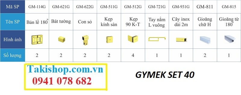 Bộ phụ kiện vách kính tắm Gymek 180 độ thanh giằng inox vuông 25x25 mạ PVD vàng