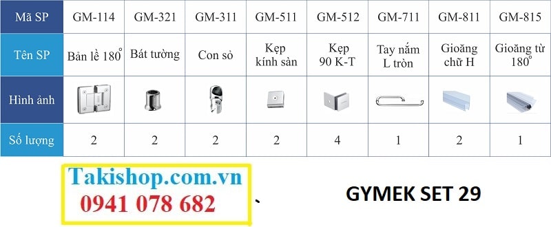 Bộ phụ kiện vách kính tắm Gymek 180 độ thanh giằng ống inox D25 màu trắng