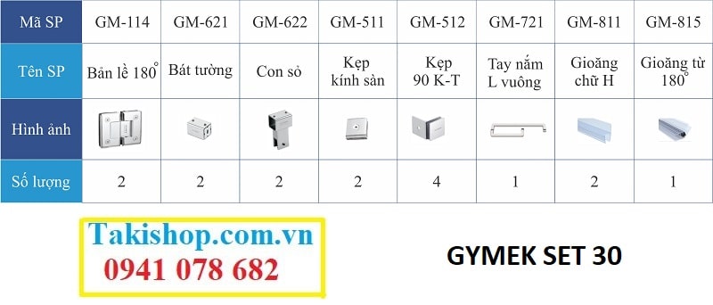 Bộ phụ kiện vách kính tắm Gymek 180 độ thanh giằng ống inox vuông 25x25 màu trắng