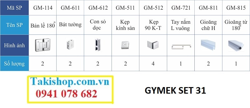 Bộ phụ kiện vách kính tắm Gymek 180 độ thanh giằng ống inox 10x30 con sỏ dọc