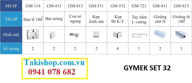 Bộ phụ kiện vách kính tắm Gymek 180 độ thanh giằng ống inox 10x30 con sỏ ngang